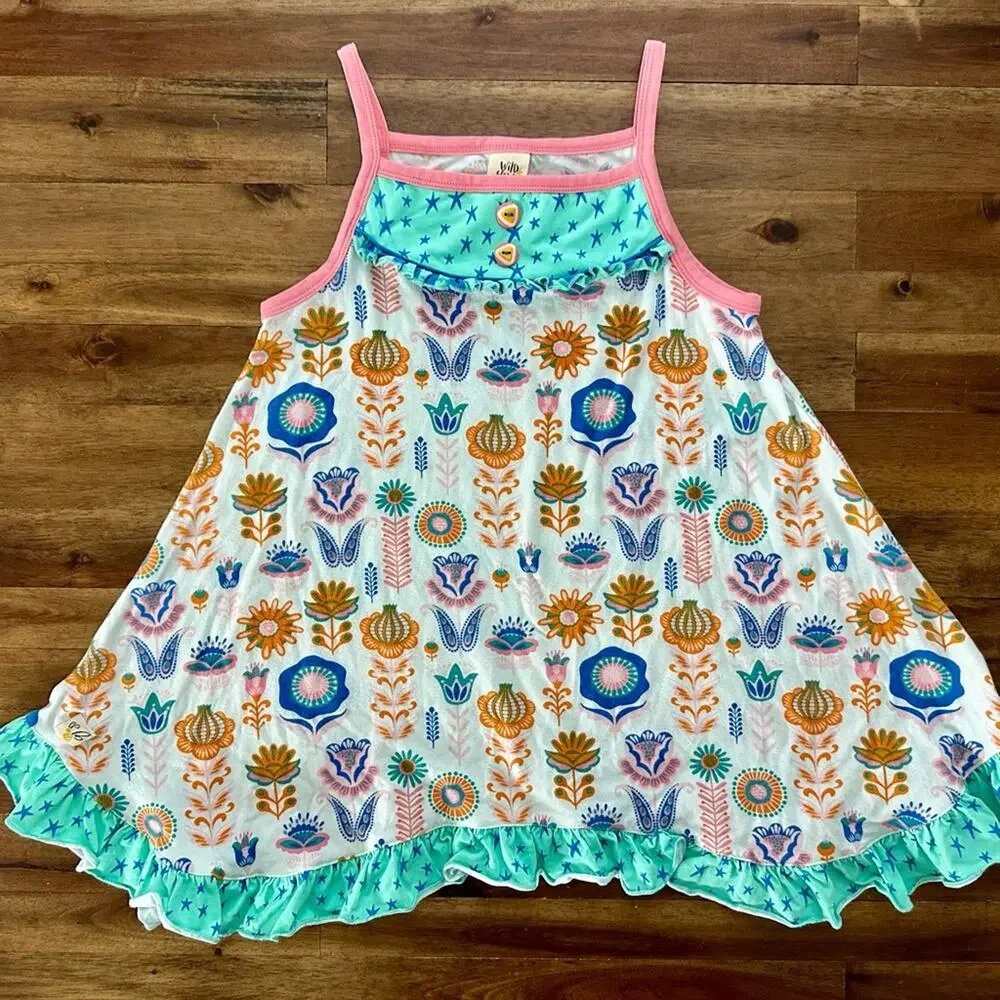 Wildflowers Daydream Believer Whimsical Floral Tunic 10 Pink Green Ruffle Floral